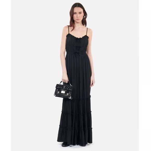 $325 The Kooples Shirred Long Maxi Black Dress with Bows Tiered Skirt NWT - Picture 2 of 15